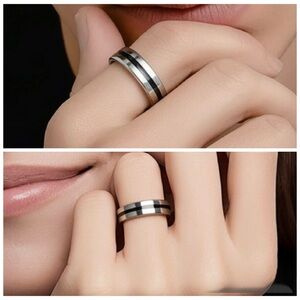 Brand New!! Titanium steel couple ring with black enamel inlay